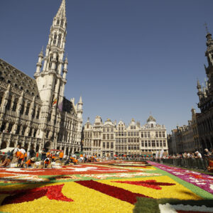 Mexicanos y europeos crean alfombra de flores en Bruselas