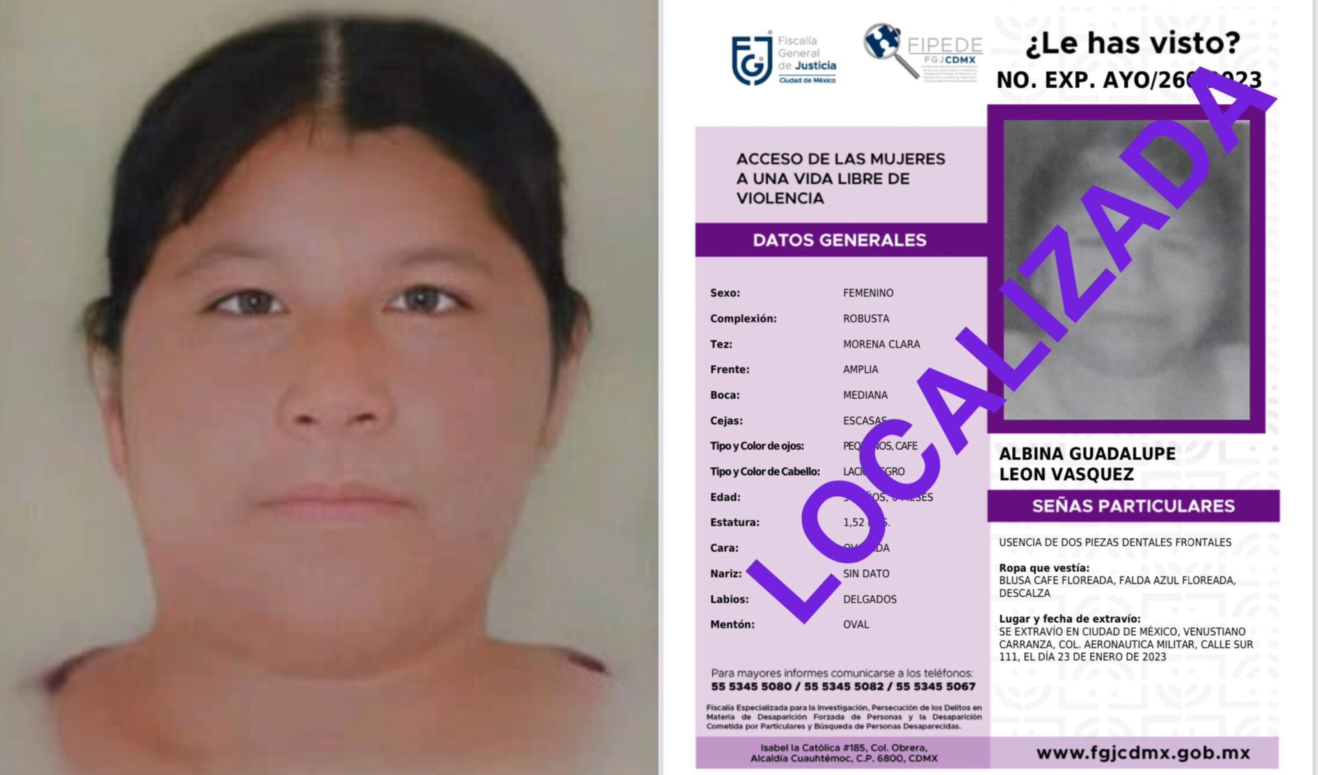 Albina Guadalupe es localizada en la TAPO; desapareció tras salir del Hospital Balbuena