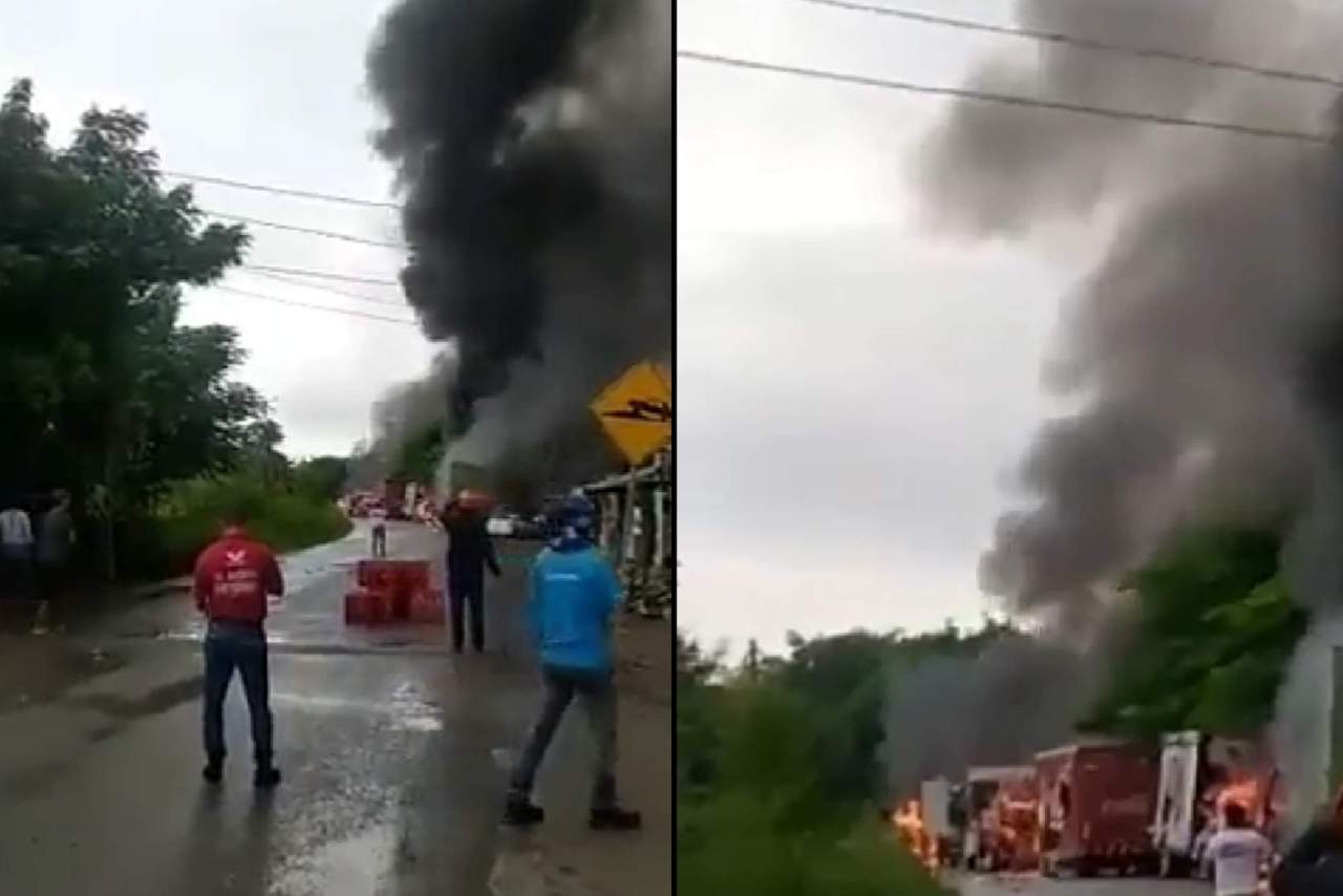 Pobladores realizan bloqueo con vehículos incendiados en Veracruz