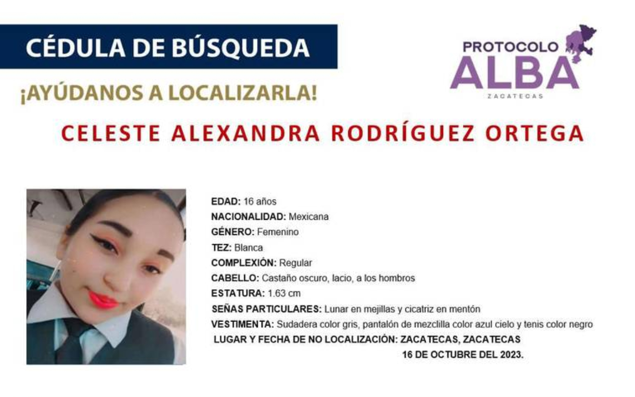 Celeste Rodríguez Ortega es reportada como desaparecida en Zacatecas