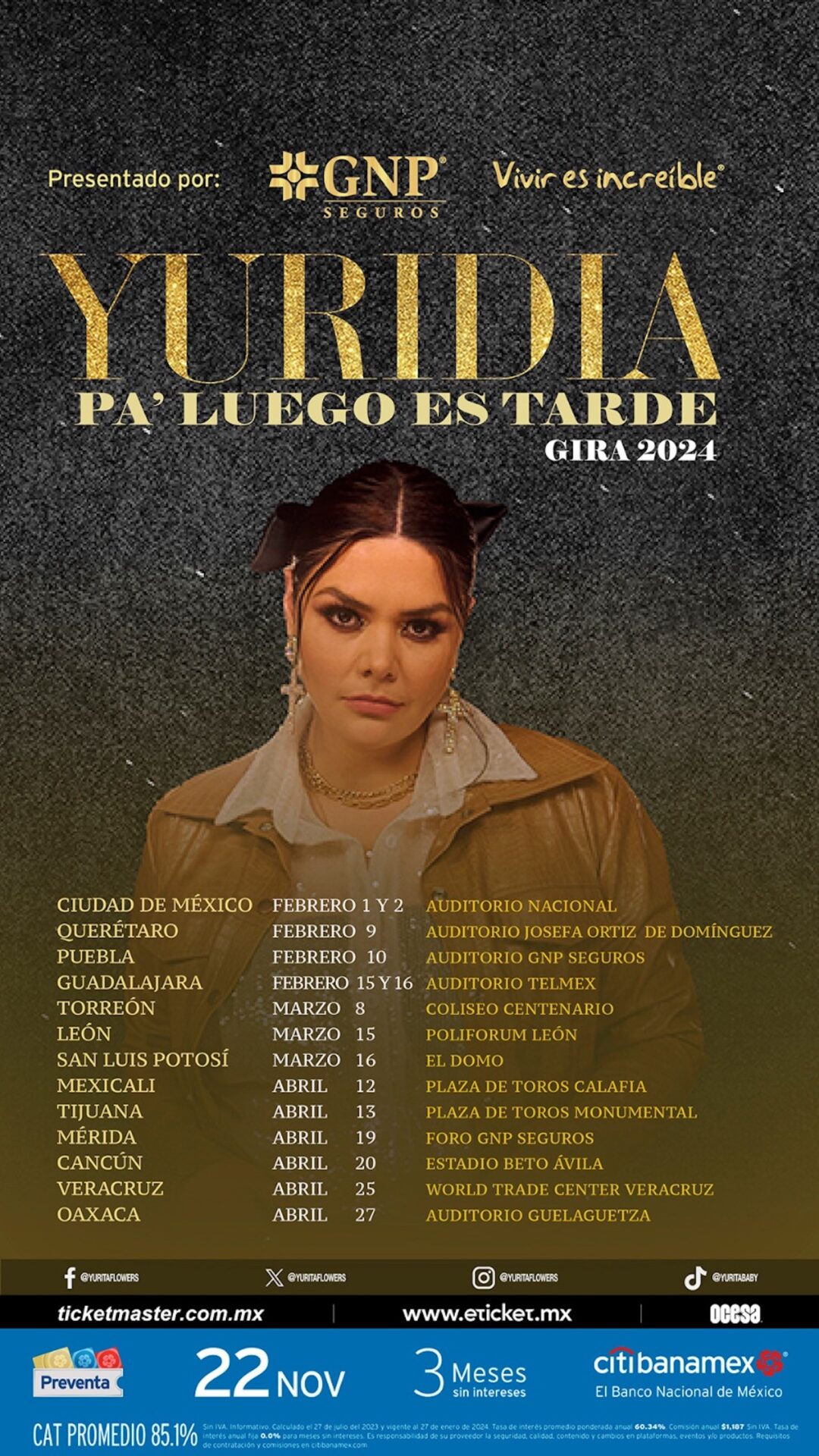 Yuridia conciertos en México 2024 ciudades y preventa de boletos