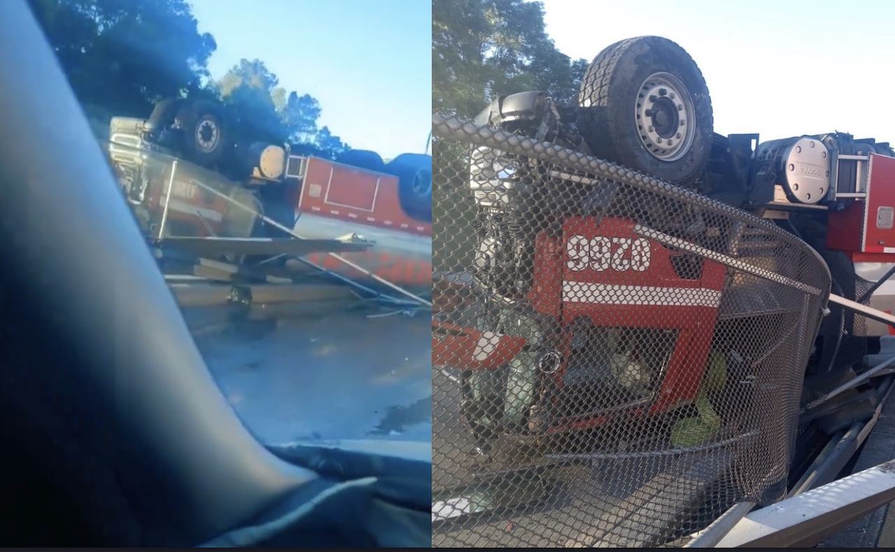 Accidente Circuito Interior: camión de bomberos se vuelca en carriles centrales