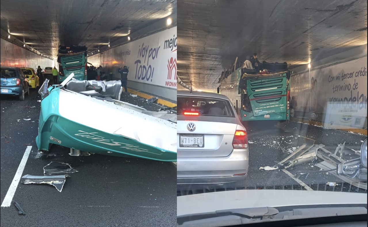 Accidente en Viaducto hoy: autobús se queda atorado en bajopuente