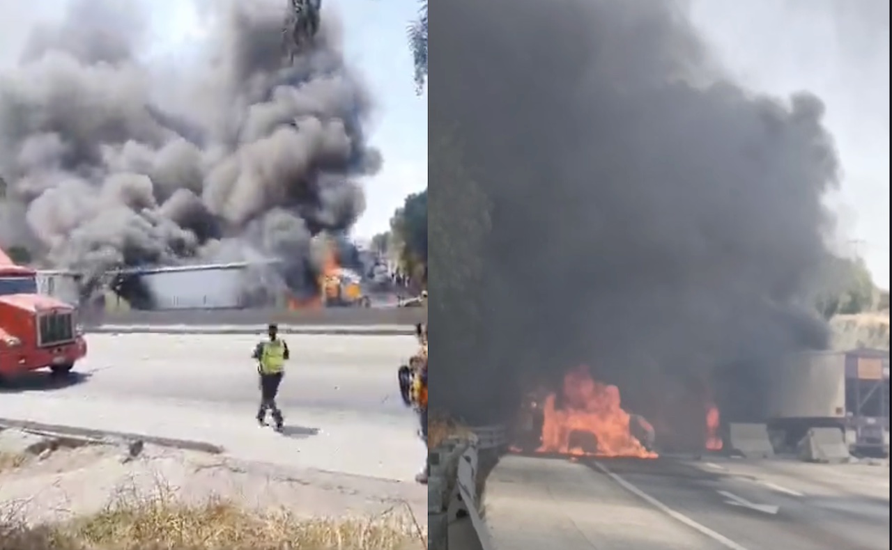 Accidente e incendio en autopista México-Querétaro: dos tráileres chocan en Tepeji